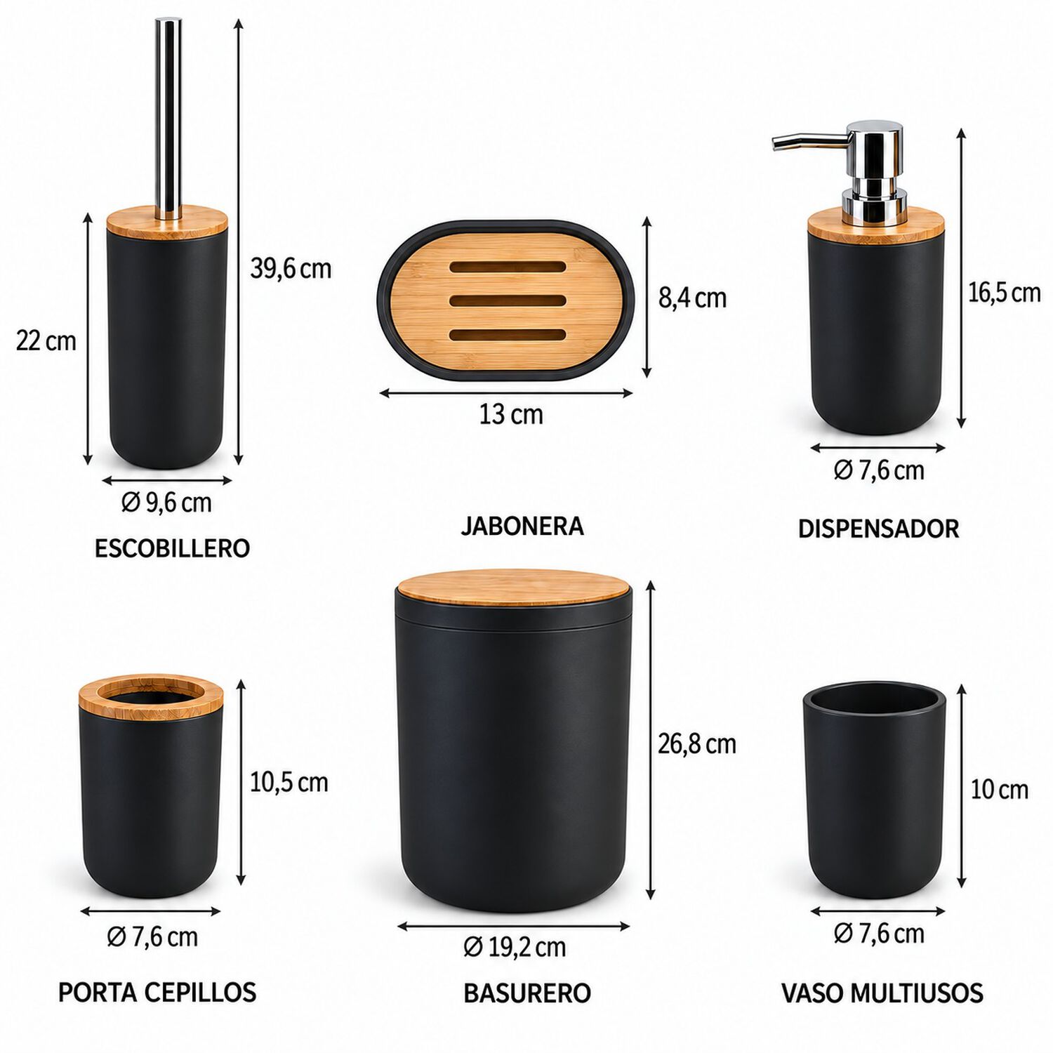 Set De Ba&ntilde;o 6 Piezas Moderno Con Bamb&uacute; Incluye Basurero Y Dispensador Color Negro image number 6.0