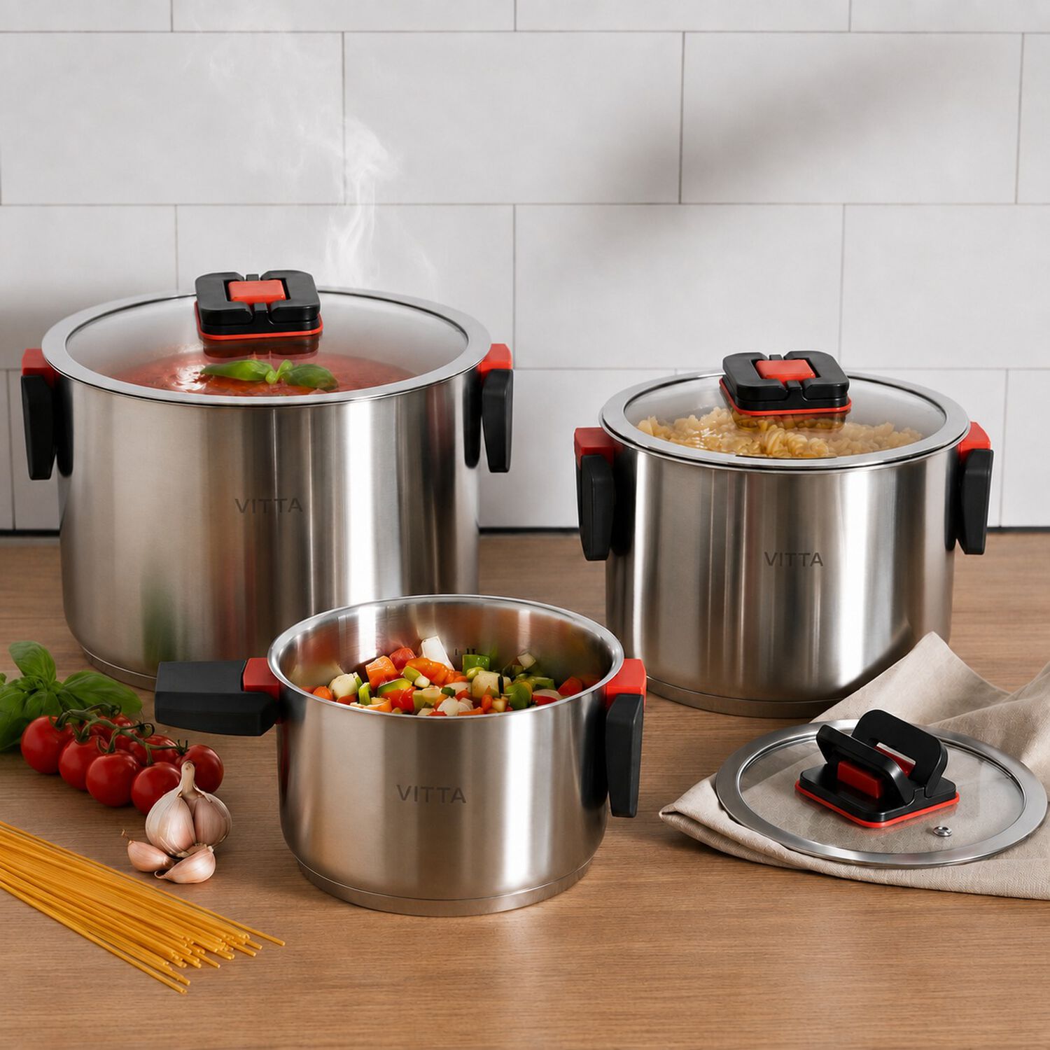 Bater&iacute;a De Cocina 6 Piezas Acero Inox Con Asas Retr&aacute;ctiles Y Apta Para Inducci&oacute;n Modelo Spazio Marca Vitta image number 4.0
