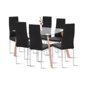 Comedor Mesa De Vidrio Rectangular 140x90cm + 6 Sillas Dining Liana Acolchadas - Negras