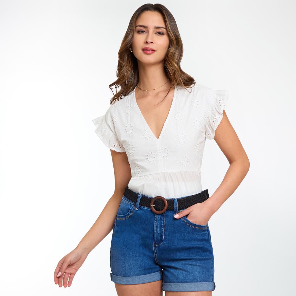 Blusa Regular Manga Corta Con Vuelos Cuello V Mujer Kimera image number 0.0