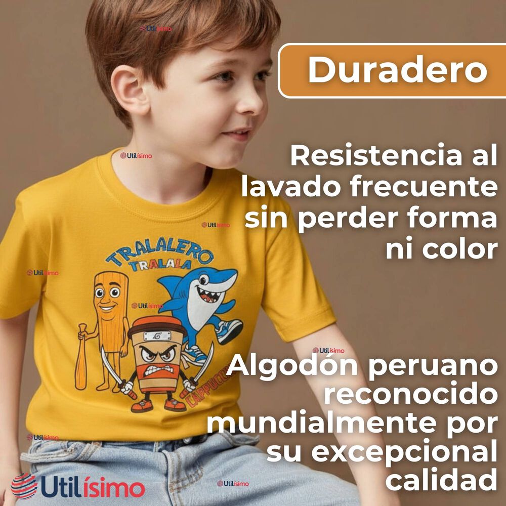 Polera Brainrots 100% Algodón Manga Corta Niño Tralalero Amarillo image number 6.0