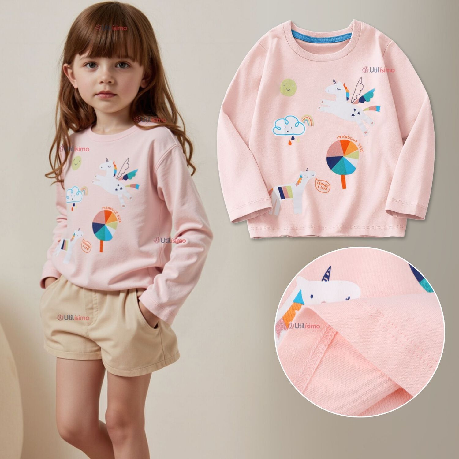 Polera Manga Larga Ni&ntilde;a 100% Algod&oacute;n Dinosauro Unicornio Rosado Camiseta image number 0.0