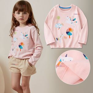 JUMP KIDS Polera Manga Larga Niña 100% Algodón Dinosauro Unicornio Rosado Camiseta