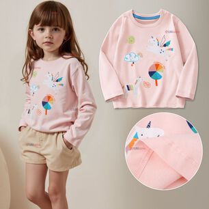 Polera Manga Larga Ni&ntilde;a 100% Algod&oacute;n Dinosauro Unicornio Rosado Camiseta