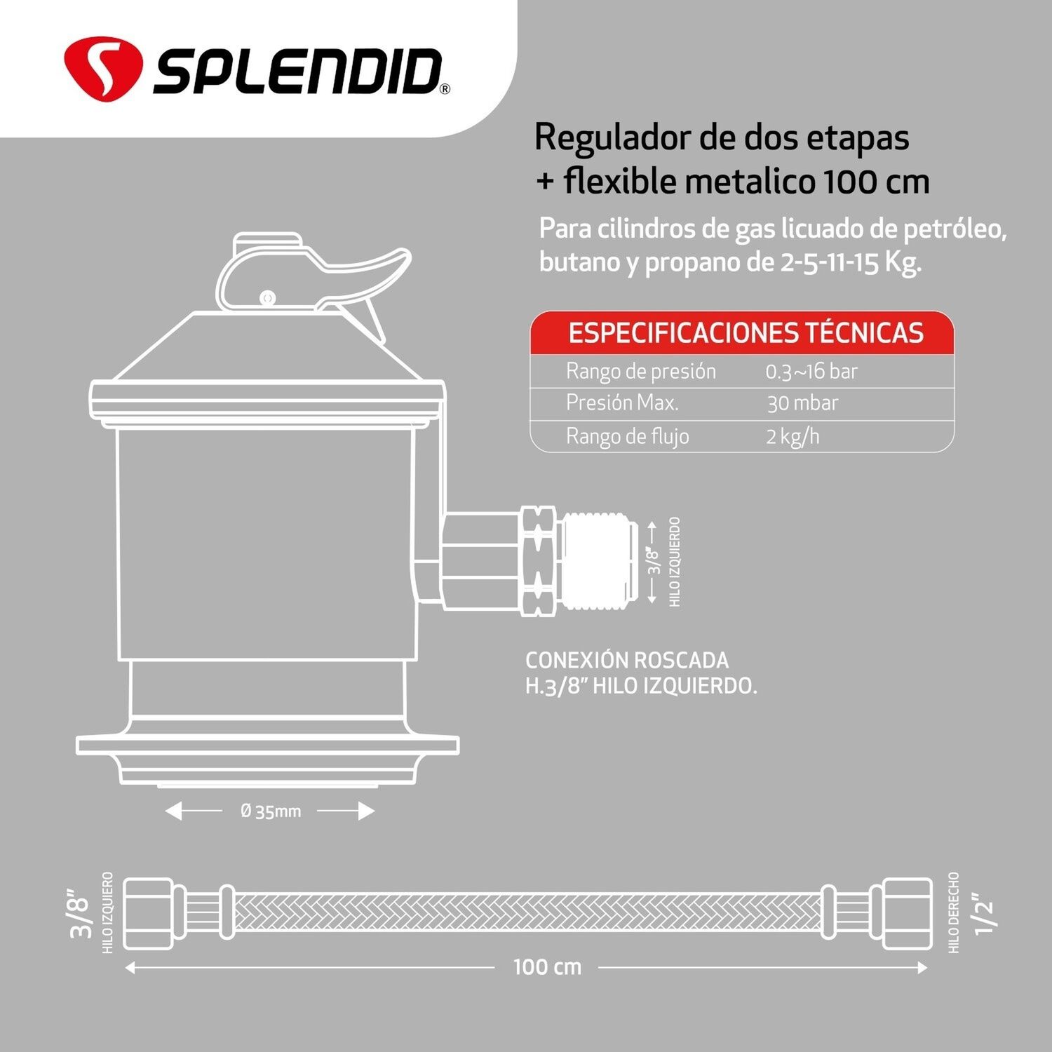Regulador De Gas Licuado + Flexible 3/8&rsquo;&rsquo; A 1/2&lsquo;&rsquo; Splendid image number 2.0