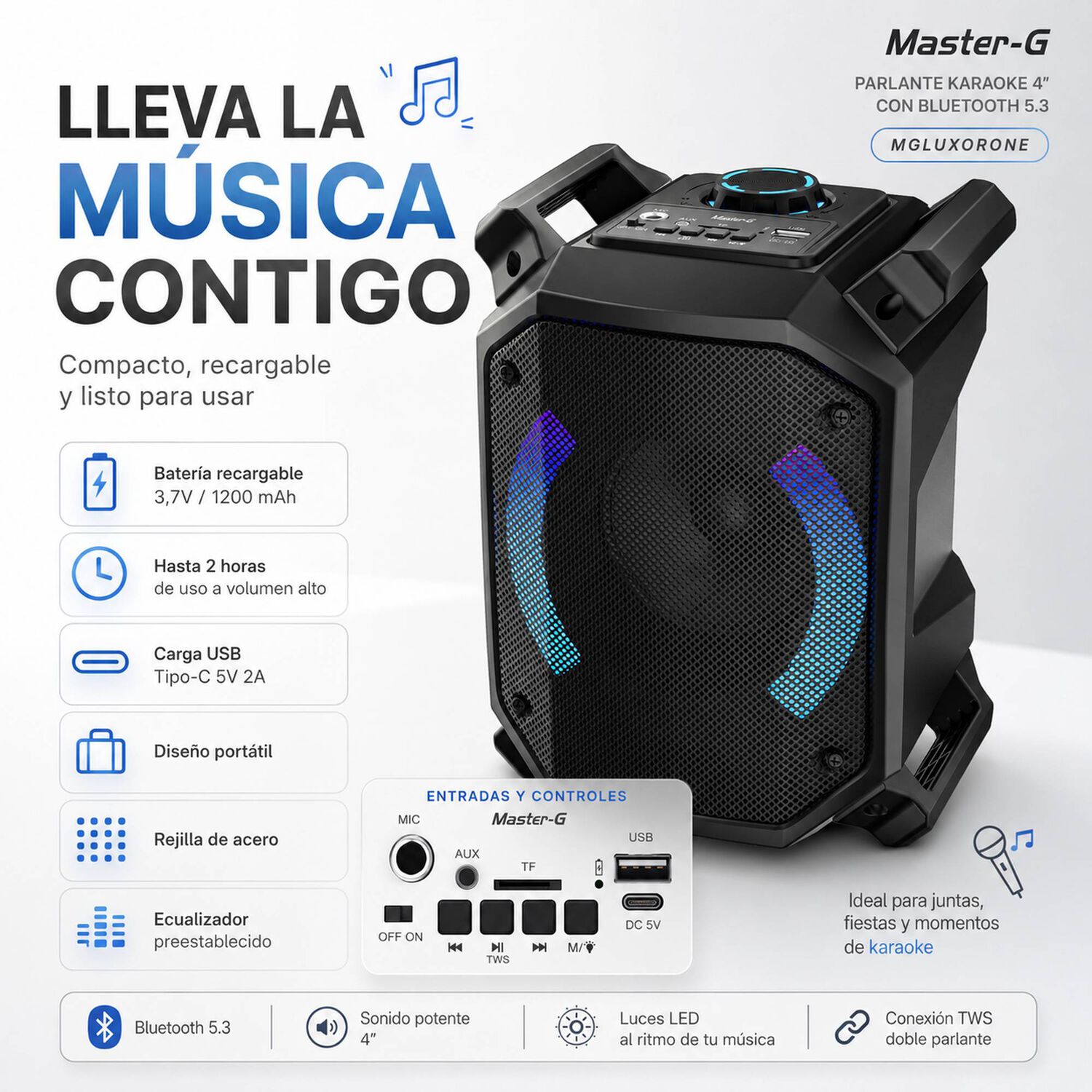 Parlante Bluetooth Karaoke Luxor One 4&rdquo; Micr&oacute;fono Master-g image number 3.0