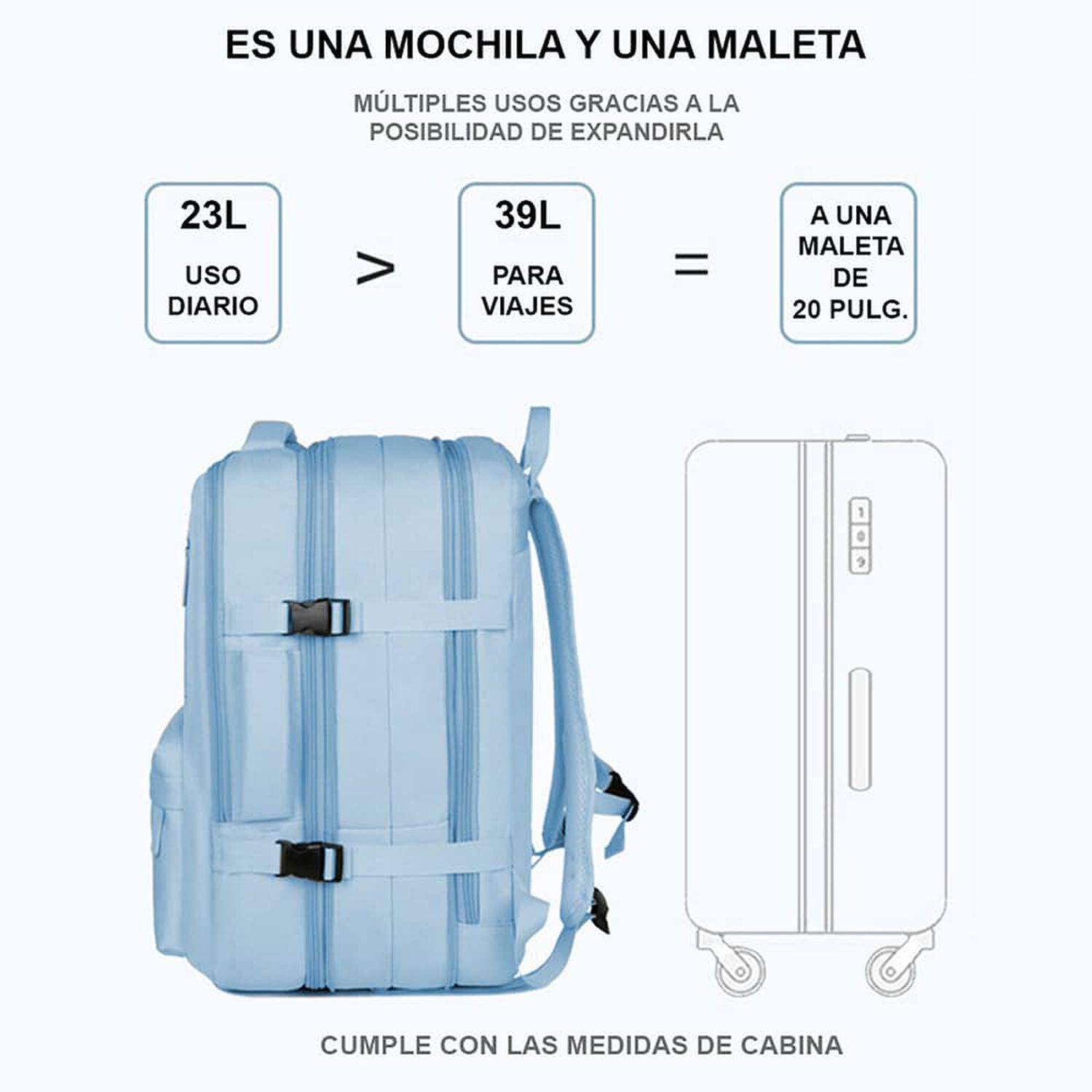 Mochila De Viaje Expandible 39 L Celeste Titanfit image number 1.0