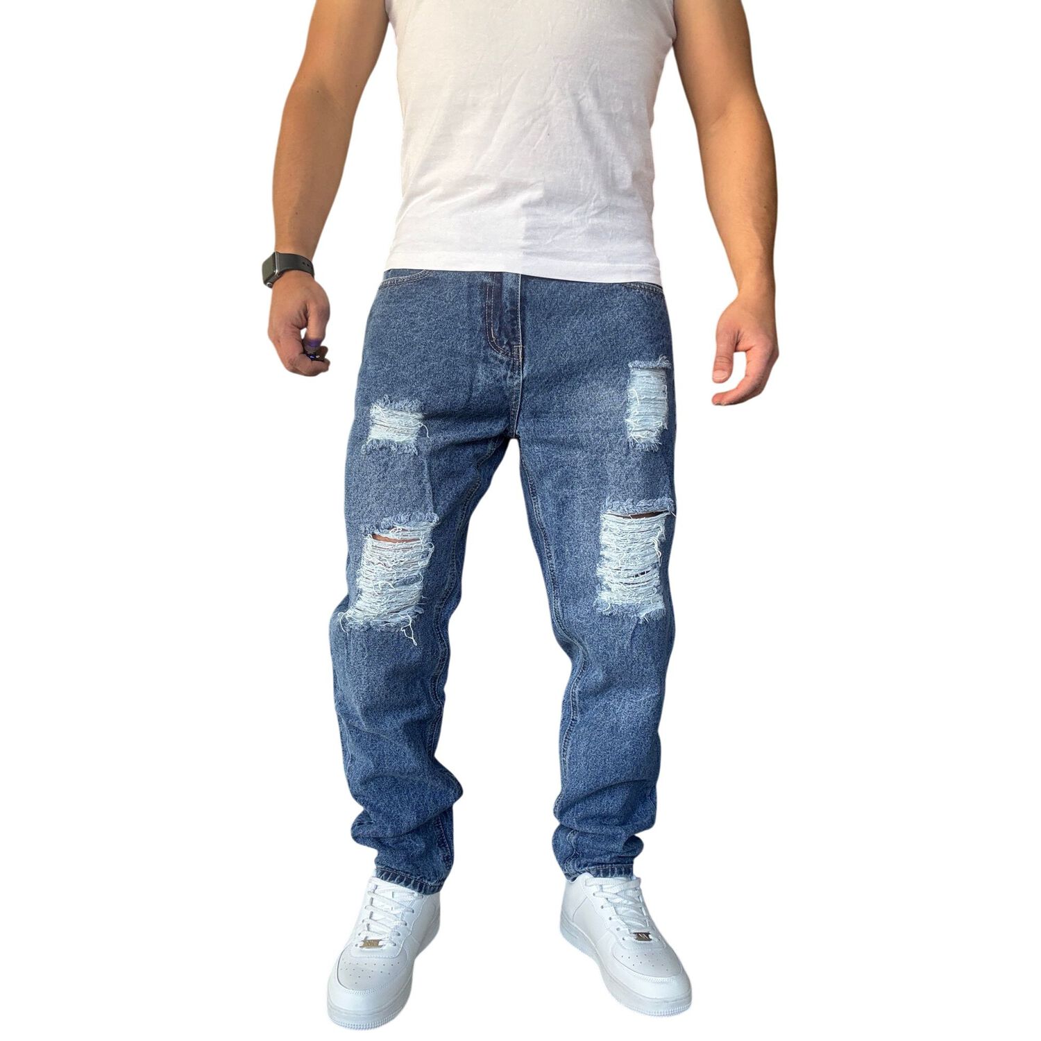 Jeans Tela R&iacute;gida Corte Mom Rasgado image number 2.0
