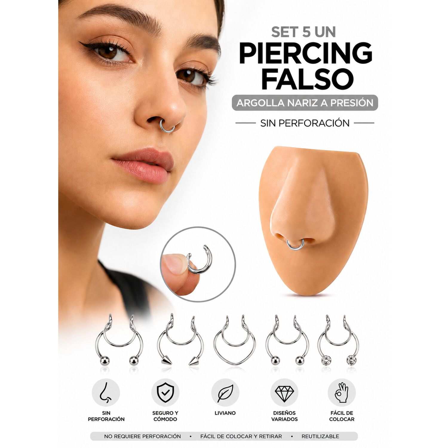 Set 5un Piercing Falso Argolla Nariz A Presi&oacute;n Sin Perforaci&oacute;n! image number 3.0