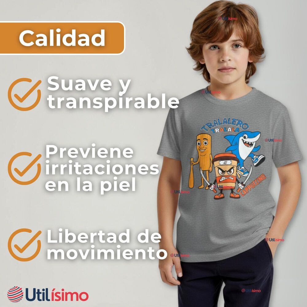 Polera Brainrots 100% Algodón Manga Corta Niño Tralalero Gris Claro image number 4.0