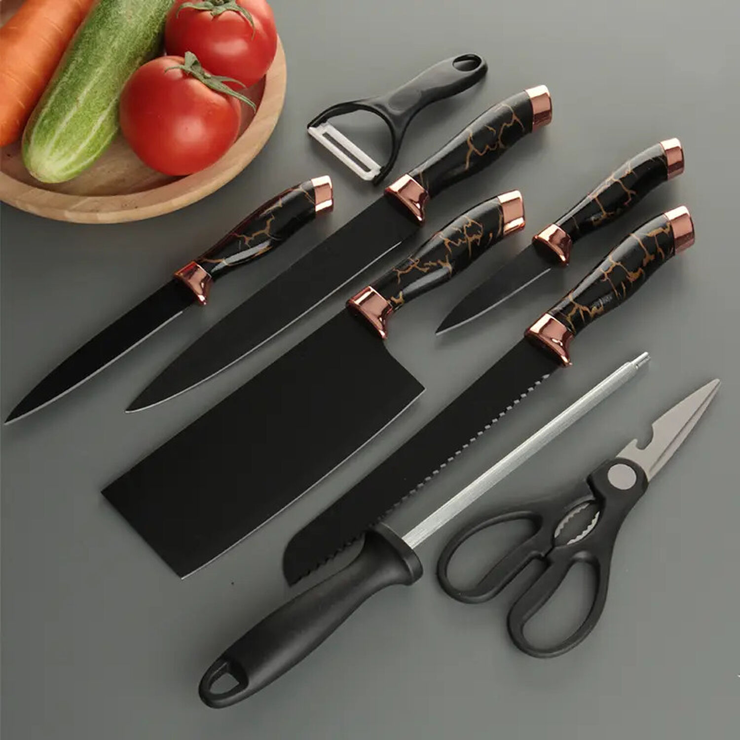Set Cuchillos De Cocina 9 Piezas Con Base Giratoria Marmoleado Negro Dorado image number 2.0