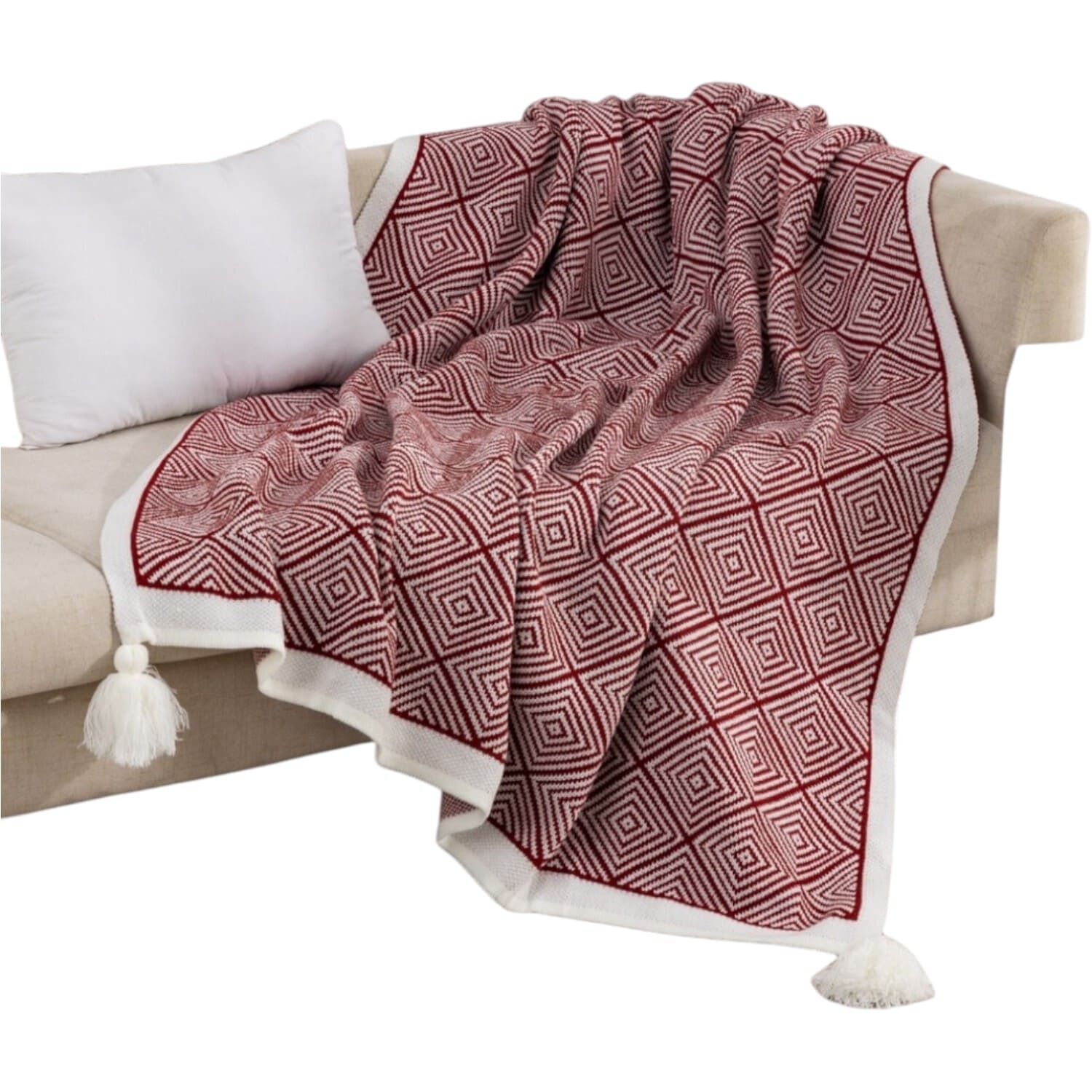 Manta Decorativa Dise&ntilde;o Rombos Medida 130x150cm Con Pompones Burdeo Mc1-2 image number 0.0