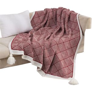 Manta Decorativa Diseño Rombos Medida 130x150cm Con Pompones Burdeo Mc1-2