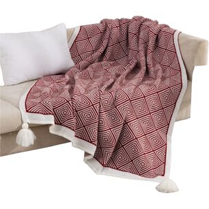 Manta Decorativa Dise&ntilde;o Rombos Medida 130x150cm Con Pompones Burdeo Mc1-2
