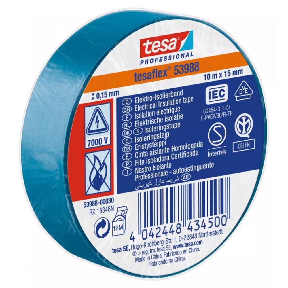 Tesaflex Cinta Aisladora Eléctrica Profesional Azul 10m X 15mm - Tesa image number 0.0