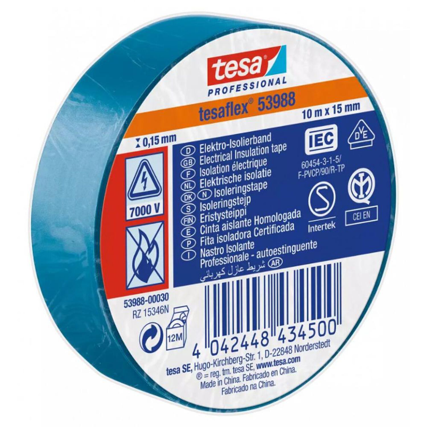 Tesaflex Cinta Aisladora El&eacute;ctrica Profesional Azul 10m X 15mm - Tesa image number 0.0