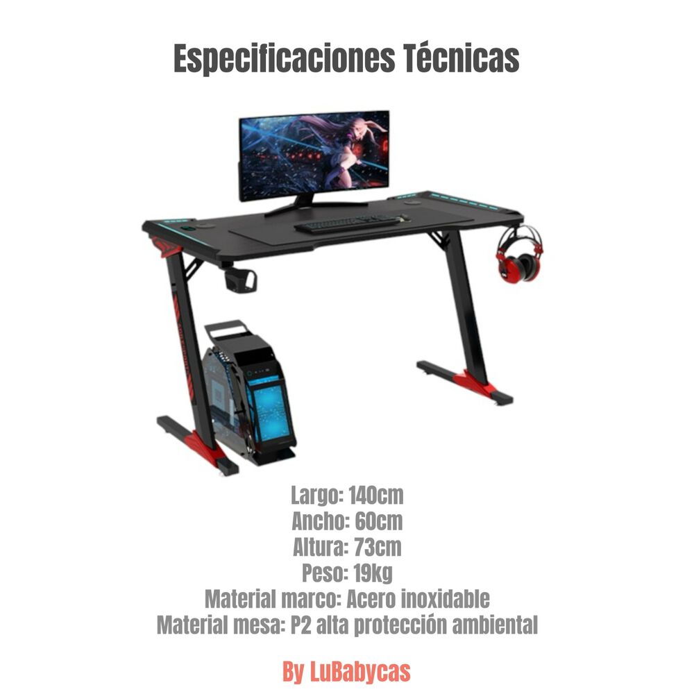 Escritorio Gamer Con Luces 140x60x73cm Negro Lubabycas image number 5.0