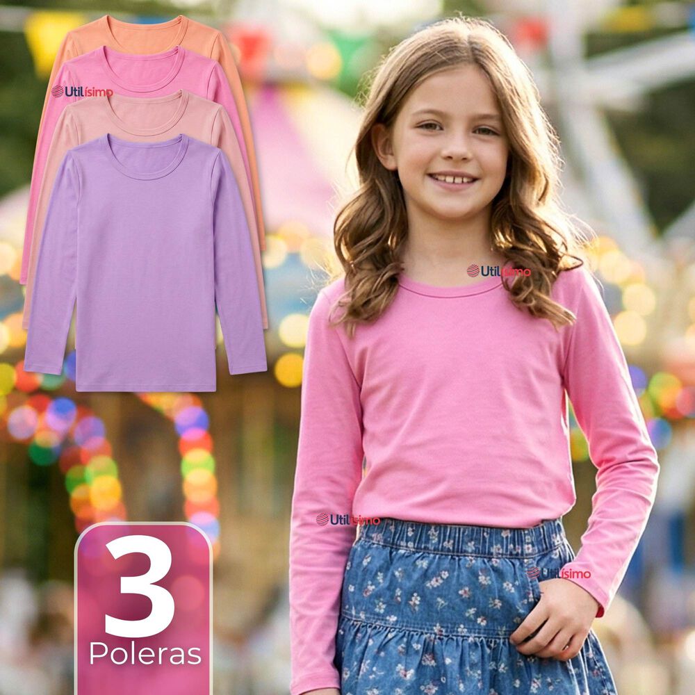 Pack 3 Camisetas Poleras Bamb&uacute; Cuello Redondo Primera Capa Manga Larga Colores Surtido Ni&ntilde;a image number 0.0