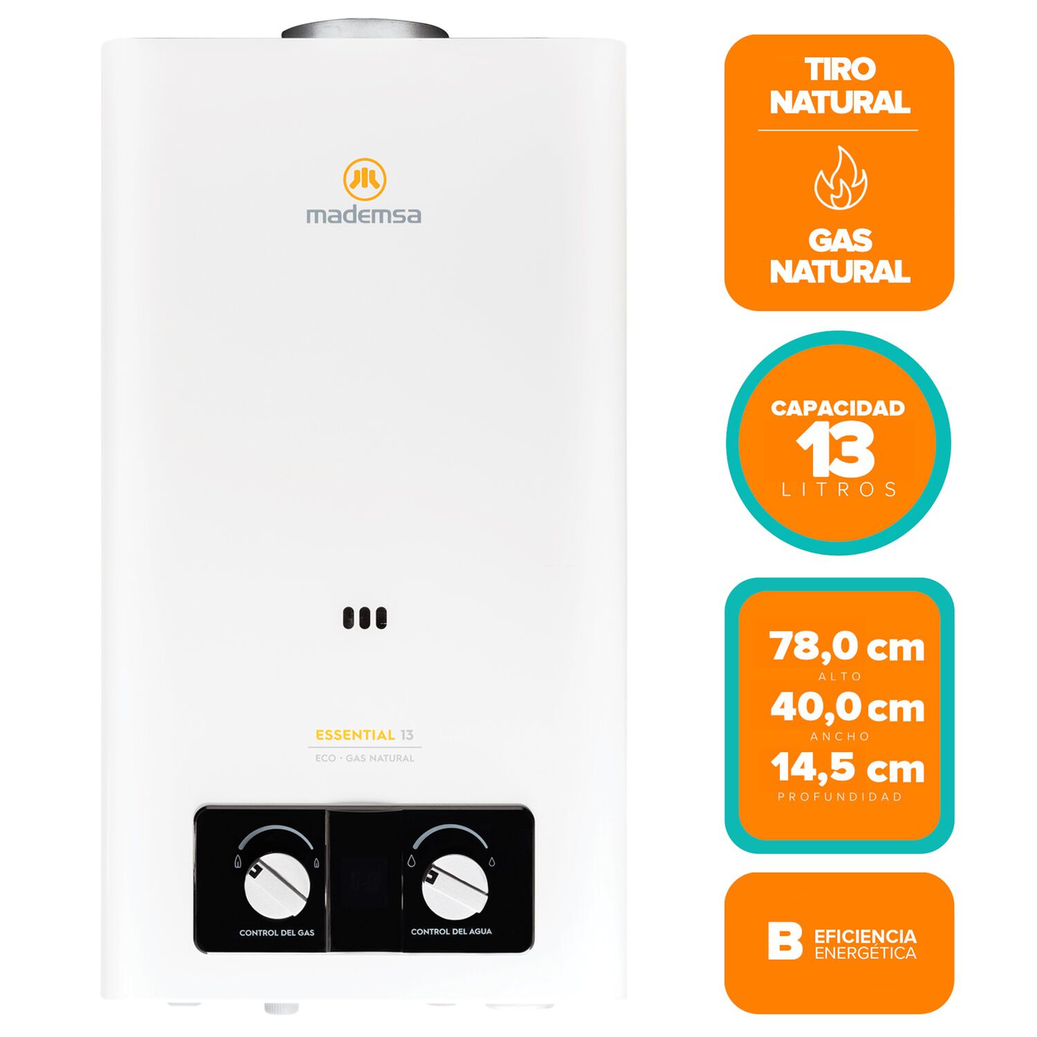 Calefon Mademsa Electrico Ionizado 13 Litros Gas Natural Essential Eco image number 1.0