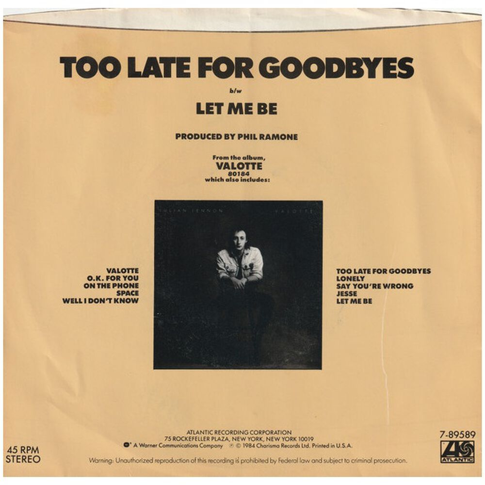 Julian Lennon - Too Late For Goodbyes | 7" Single Usado image number 3.0