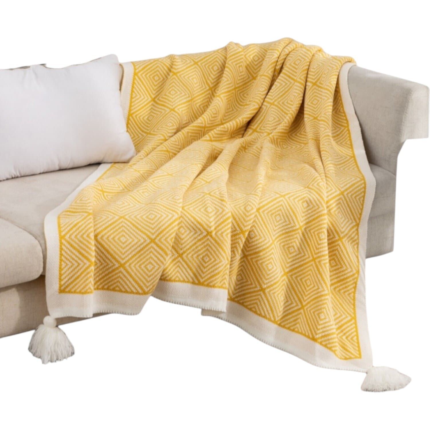 Manta Decorativa Dise&ntilde;o Rombos Medida 130x150cm Con Pompones Amarillo Mc1-1 image number 0.0