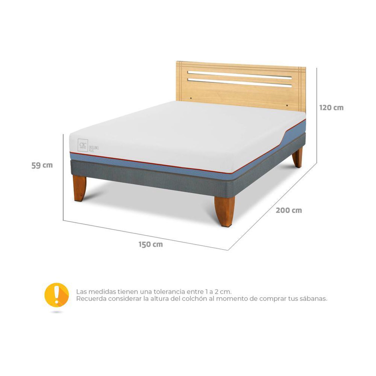 Cama Europea Cic Excellence Plus / 2 Plazas / Base Normal + Respaldo image number 2.0