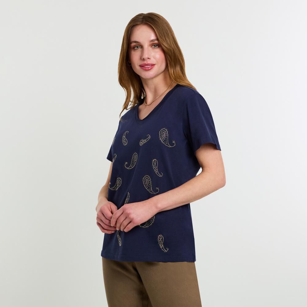 Polera Lisa Con Estampado Manga Corta Cuello V Mujer Lesage image number 2.0