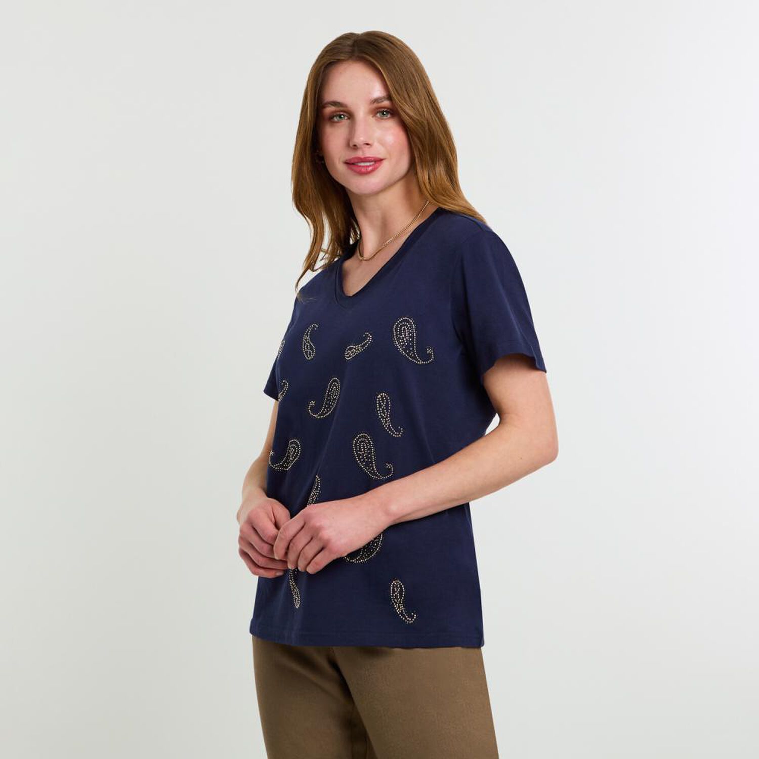 Polera Lisa Con Estampado Manga Corta Cuello V Mujer Lesage image number 2.0