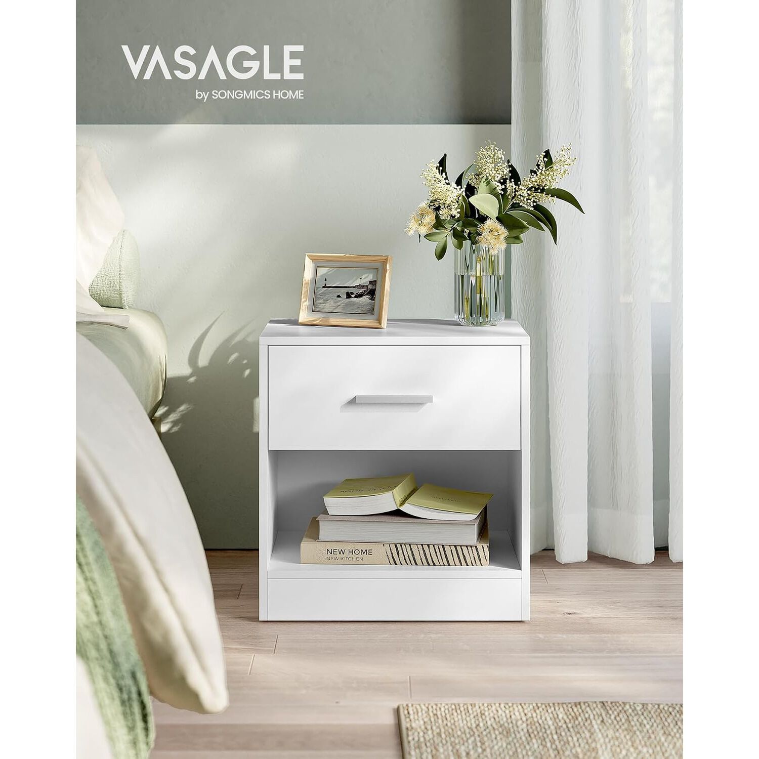 Velador Moderno Vasagle Con Caj&oacute;n Repisa Dormitorio Blanco image number 2.0