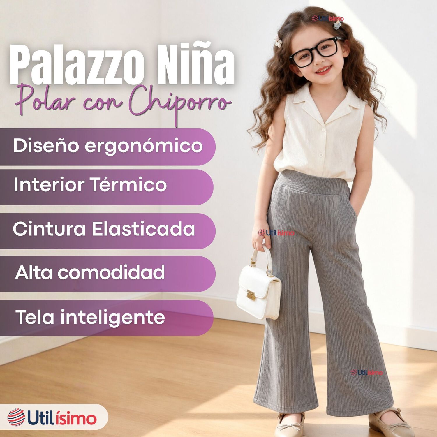 Calza Pantal&oacute;n Palazzo Ni&ntilde;a Polar Con Chiporro Elasticada T&eacute;rmica Gris Melange image number 2.0