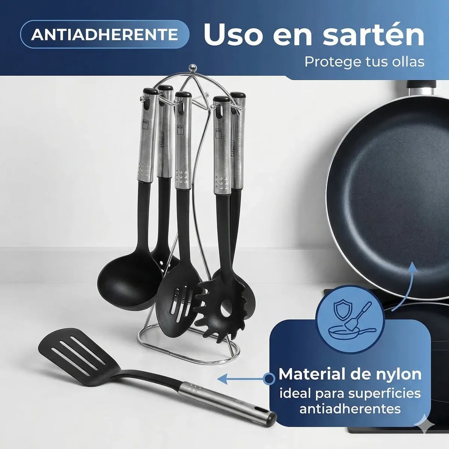 Set De Utensilios De Cocina 7 Piezas Modelo Maid Marca Magefesa Color Negro Y Cromado image number 4.0