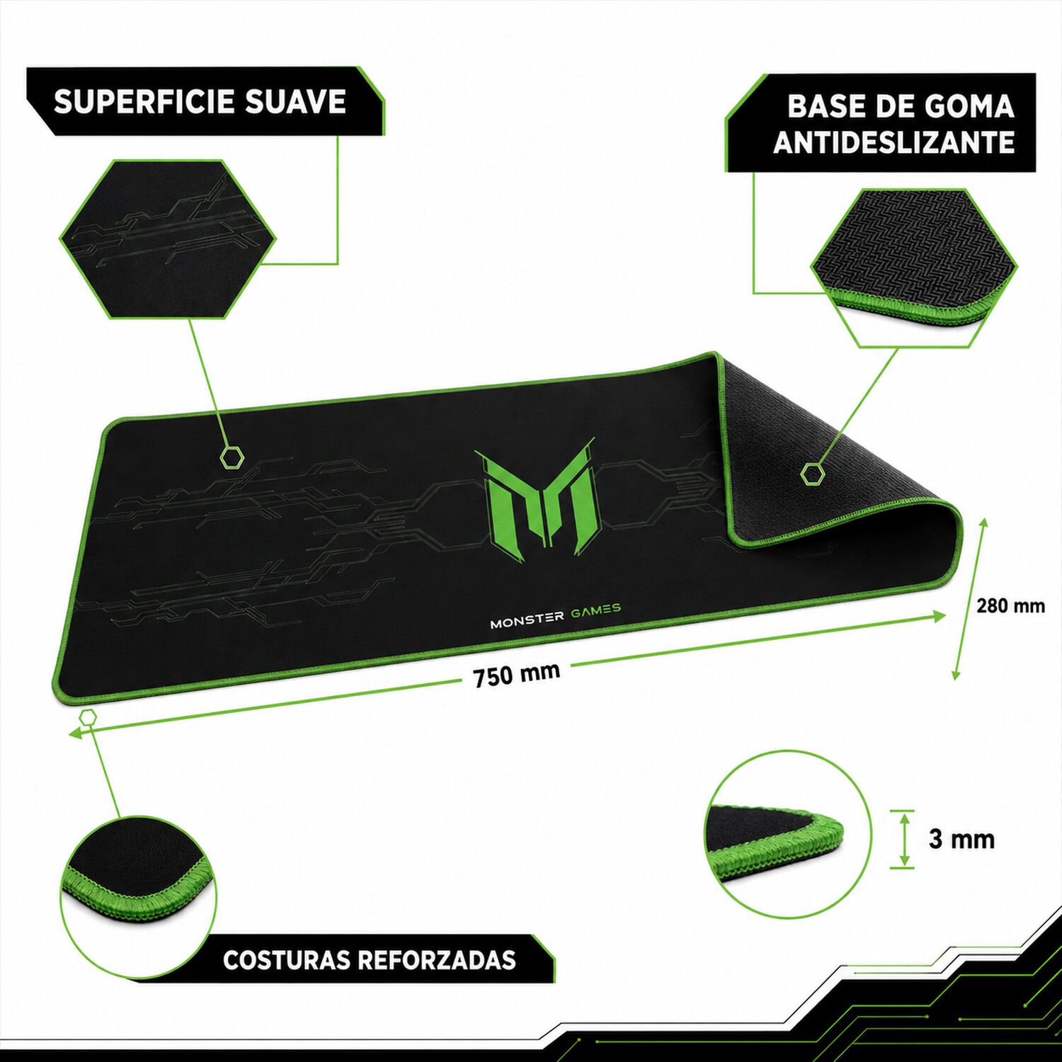 Pad Mouse Gamer Xxl Antideslizante 750x28x3mm Monster Pa348 image number 6.0