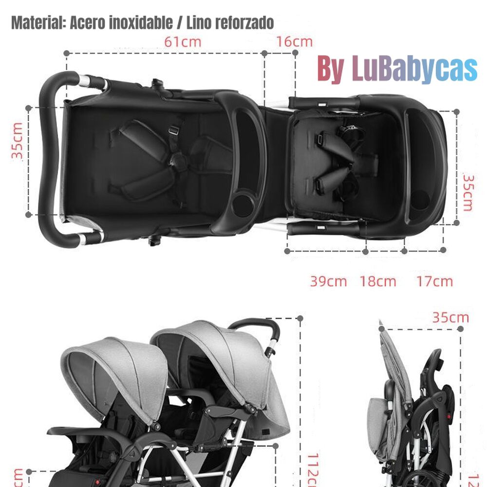 Coche Doble Duo Reclinable Plegable Gris By Lubabycas image number 7.0