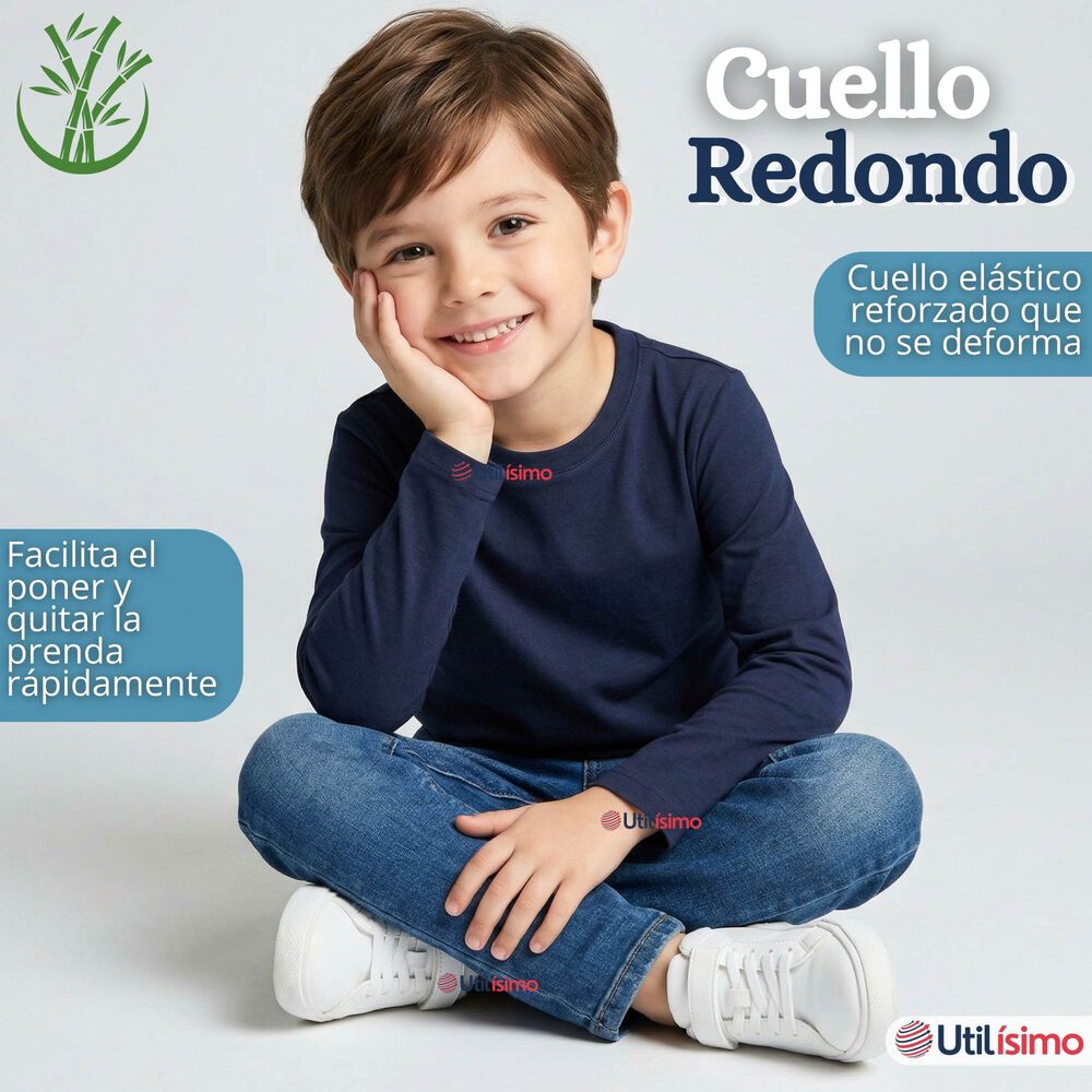 Polera Camiseta Bamb&uacute; Azul Oscuro Cuello Redondo Primera Capa Manga Larga Ni&ntilde;o image number 6.0