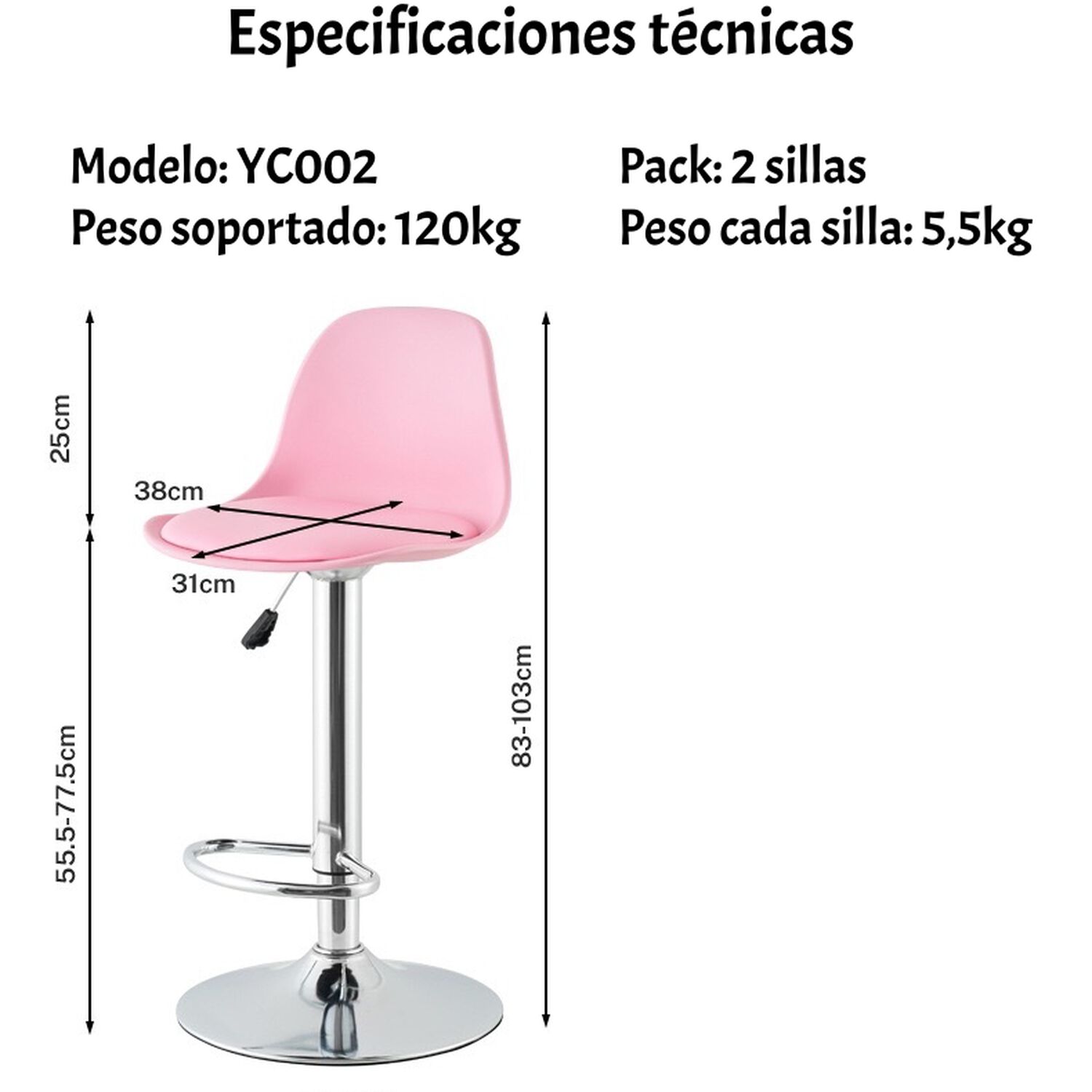 Pack 2 Sillas Piso Bar Negras Altura Regulable Con Respaldo image number 4.0