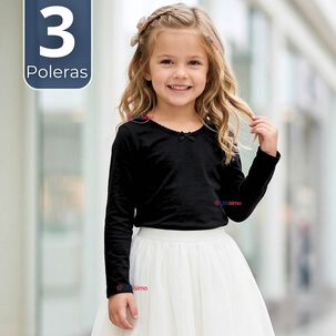 Pack 3 Camisetas Poleras Algod&oacute;n Cuello Redondo Negra Primera Capa Manga Larga Ni&ntilde;a