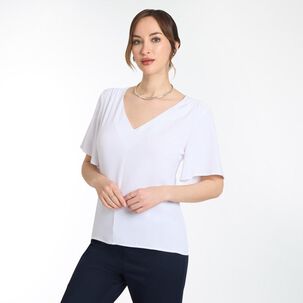 Blusa Lisa Manga Corta Con Aplicaci&oacute;n Recogido En Hombros Cuello V Mujer Lesage