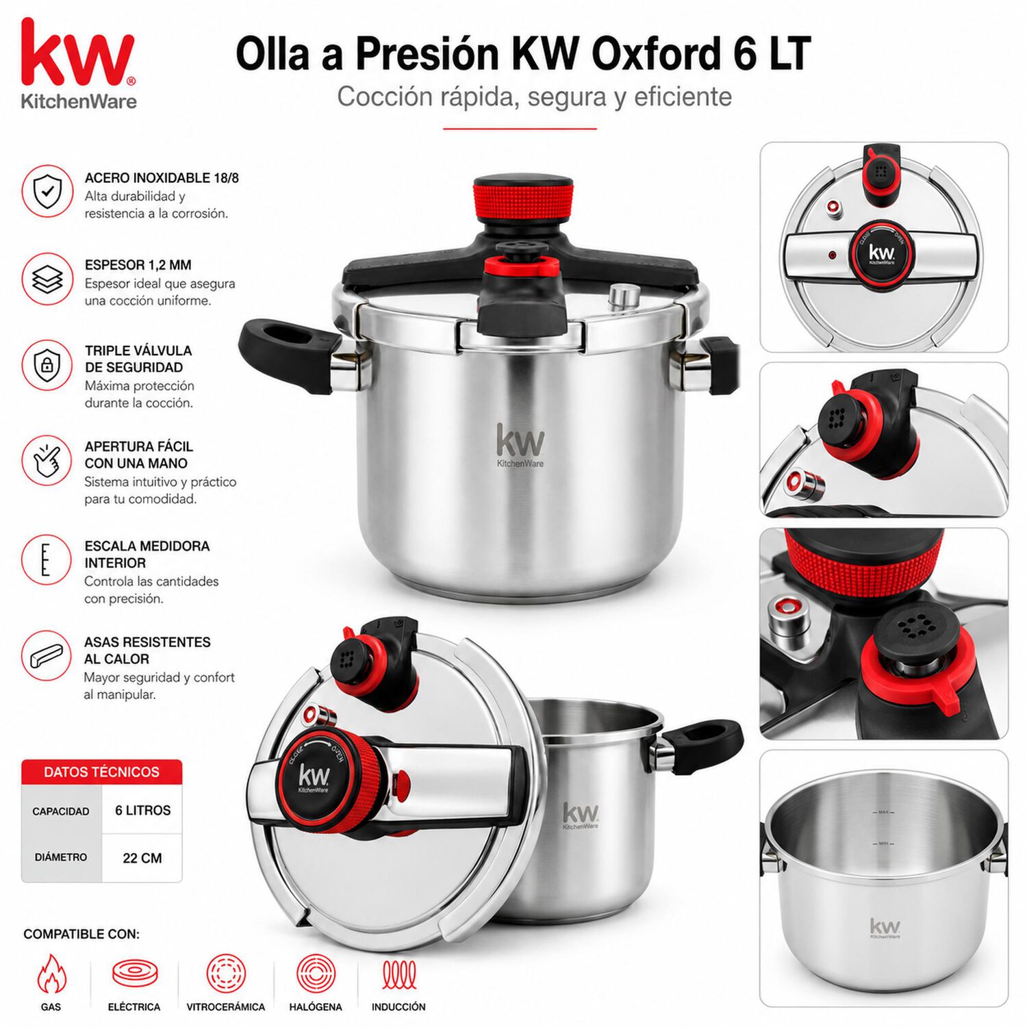 Olla A Presi&oacute;n Kw Acero Inoxidable Oxford 6lt Triple V&aacute;lvula image number 6.0
