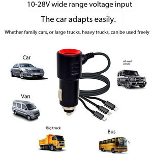 Cargador De Celular Auto Carga Rapida 1 Usb Y 3 Salidas, 3.1 A Cable 4 En 1 Con Cables Micro Usb Samsung, Tipo C Y Para Iphone
