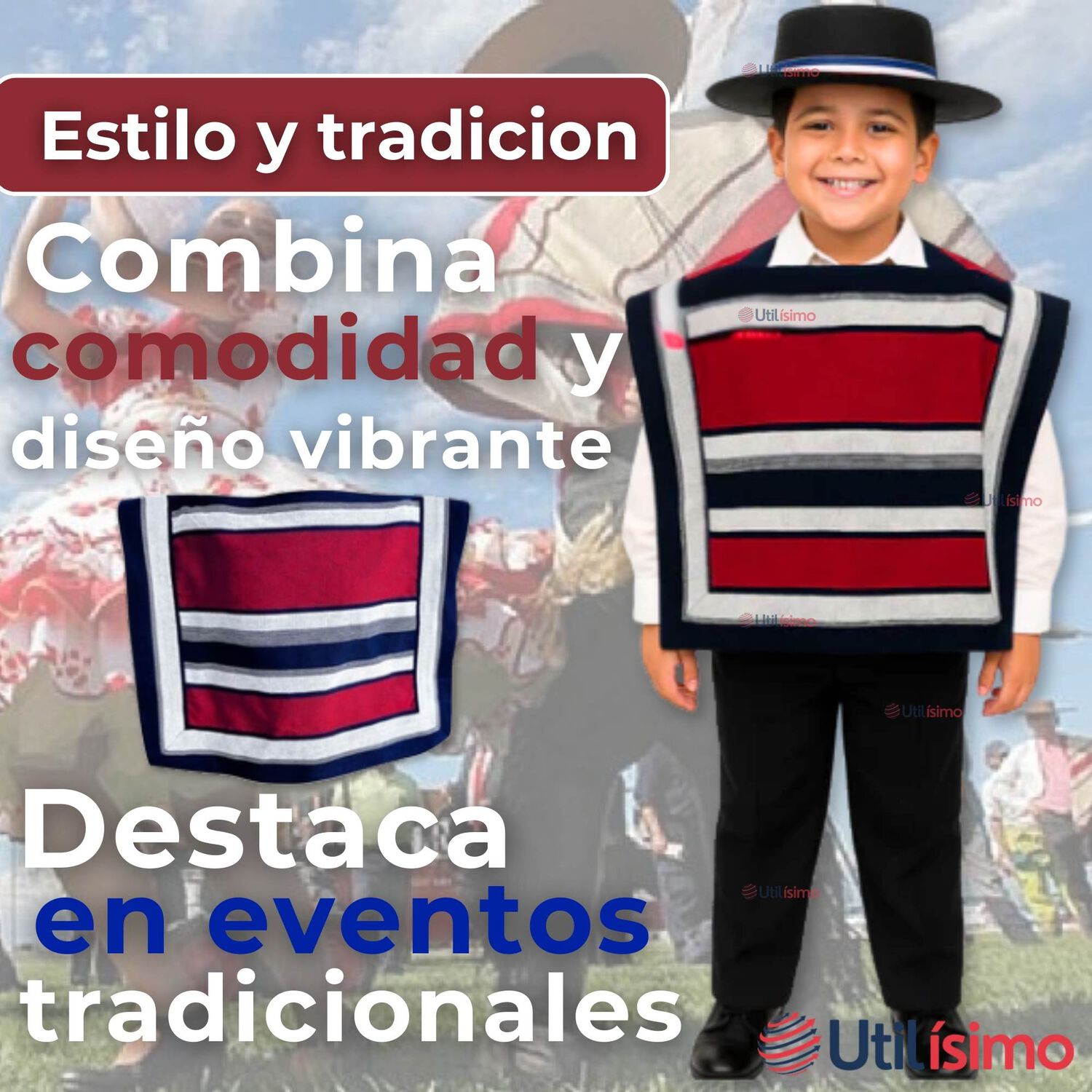 Poncho Manta Huaso Cueca Fiestas Patrias Para Ni&ntilde;os image number 4.0