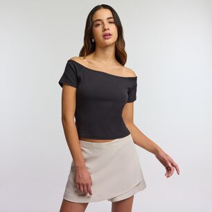 Polera Crop Manga Corta Con Hombros Descubiertos Cuello Redondo Mujer Freedom