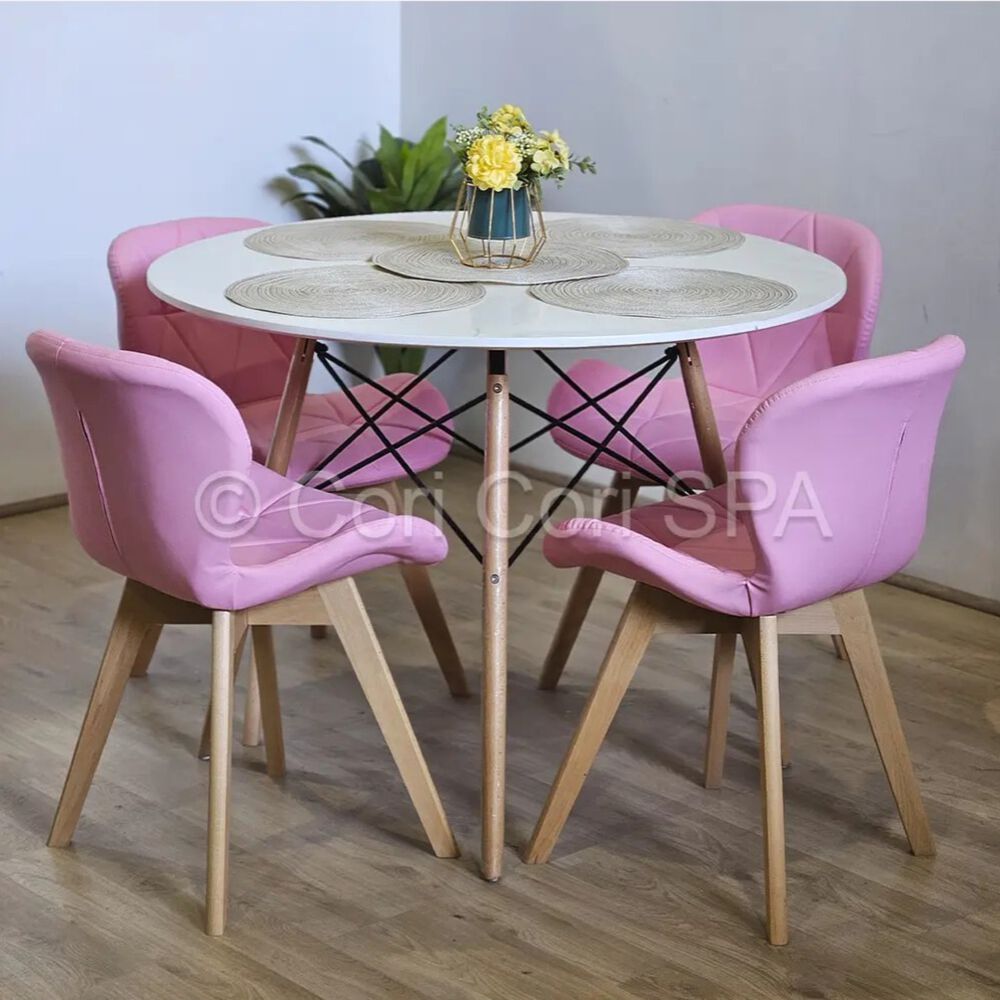 Comedor Mesa Eames Blanca 100cm + 4 Sillas Mariposas Wood Rosa image number 0.0