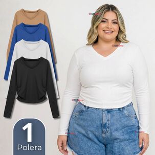Camiseta Polar Polera Cuello V Mujer Manga Larga Tela Acanalada Colores Surtidos