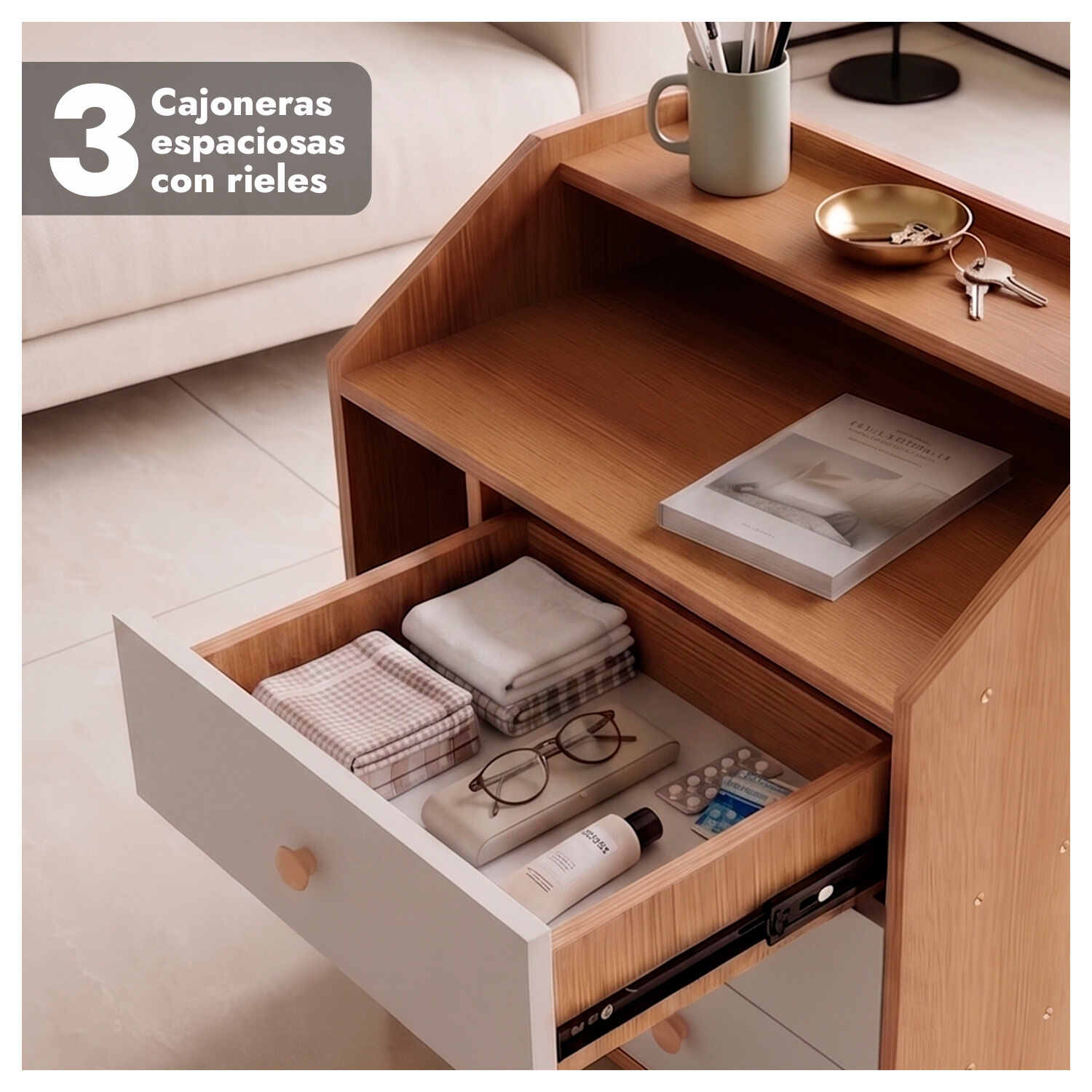 Velador De Madera Con 3 Cajones Y Repisas 61x50x30 Cm image number 3.0