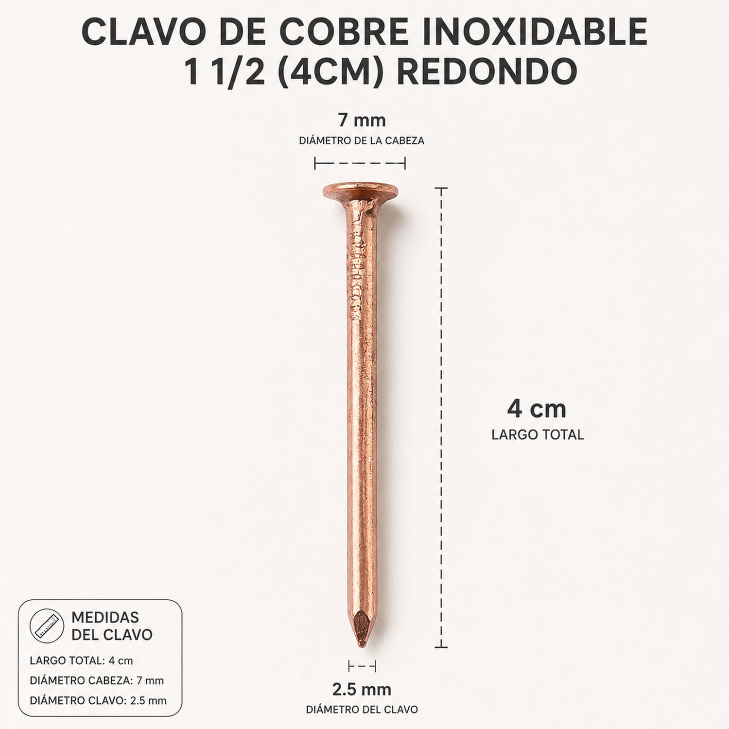 Clavo De Cobre Inoxidable 1 1/2 (4cm) Dise&ntilde;o Redondo 100un image number 1.0