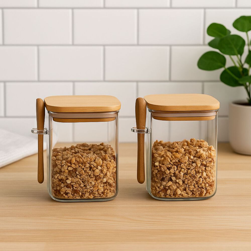 Set 2 Frascos Contenedores 700ml 12cm Cuadrado Cuchara Bambú image number 1.0