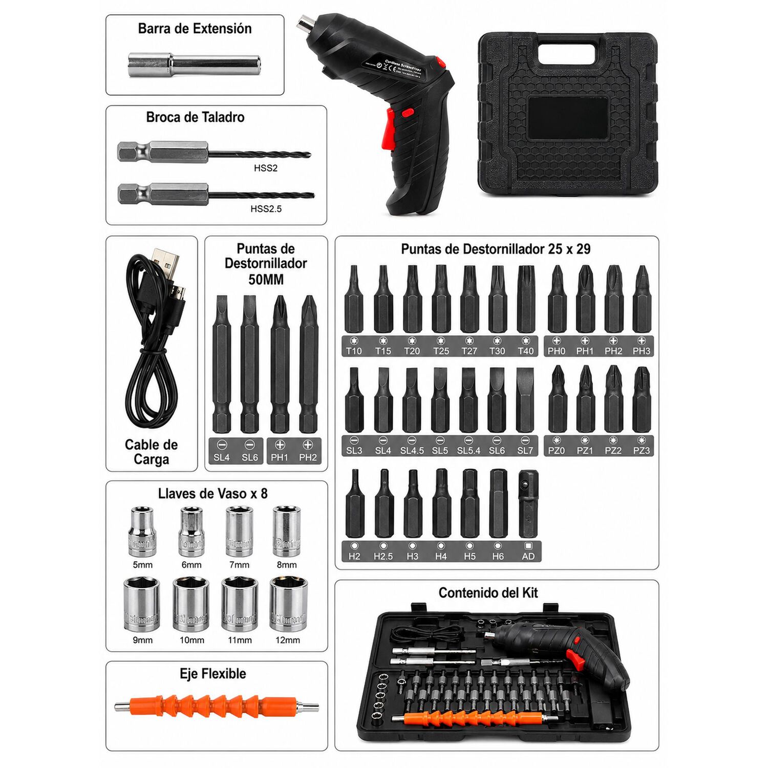 Taladro Destornillador Inal&aacute;mbrico Recargable + Accesorios image number 7.0