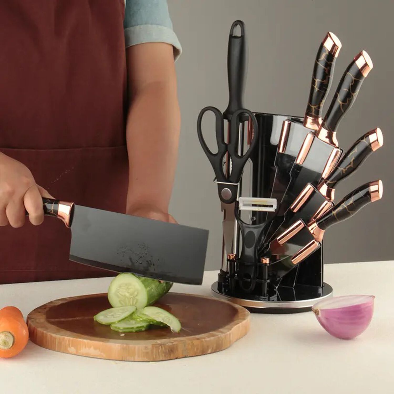 Set Cuchillos De Cocina 9 Piezas Con Base Giratoria Marmoleado Negro Dorado image number 4.0