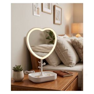 Espejo Maquillaje Led Coraz&oacute;n Blanco Con Base Organizadora Usb