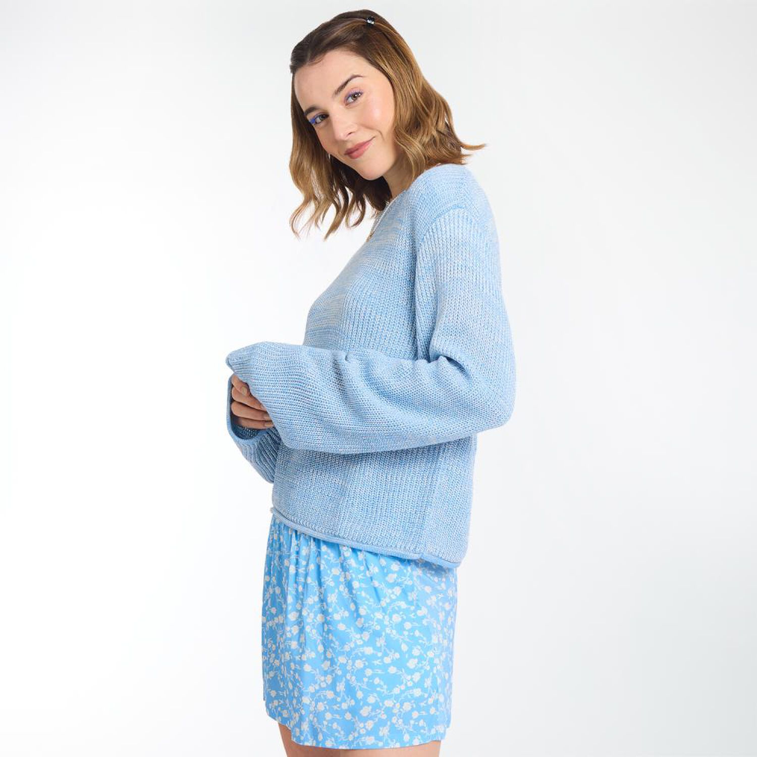 Sweater Crop Efecto Desgastado Manga Larga Cuello Redondo Mujer Freedom image number 2.0